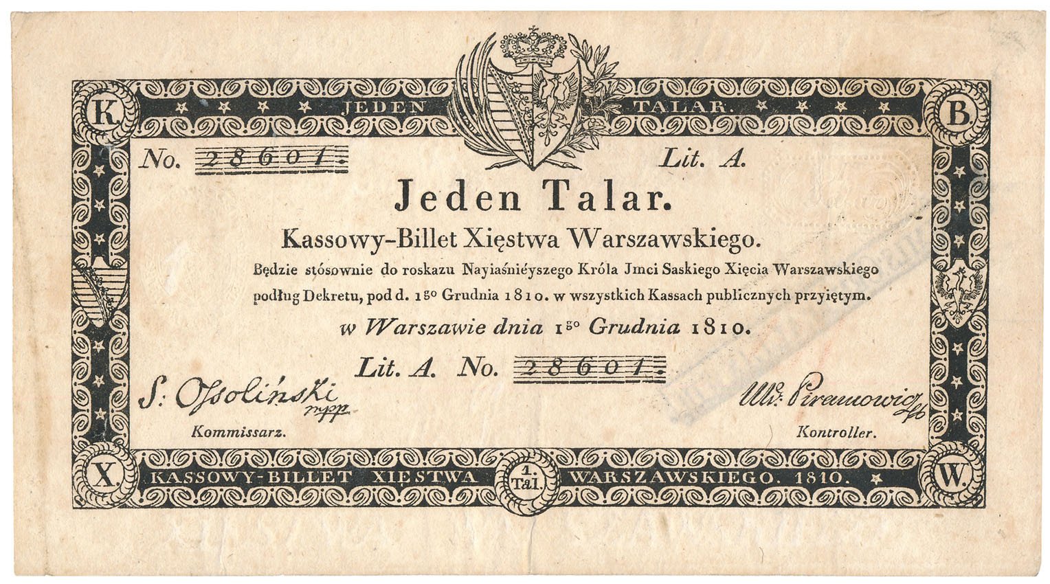 Banknot. Księstwo Warszawskie, 1 talar 1810 seria A - S. Ossoliński/Piramowicz